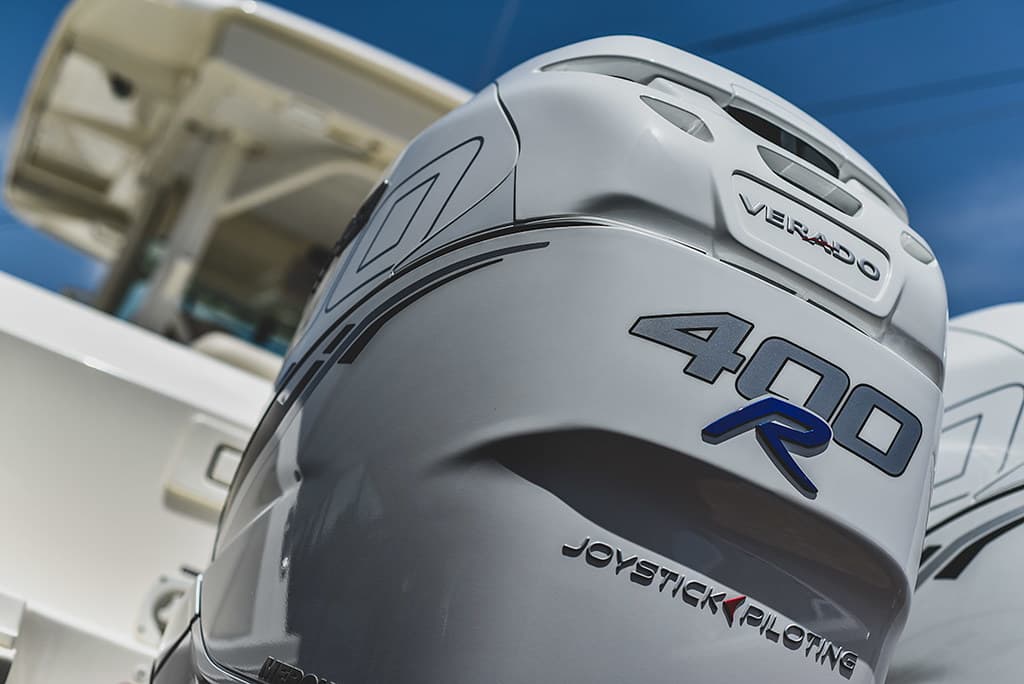 High-performance outboard motors on a center-console fishing boat